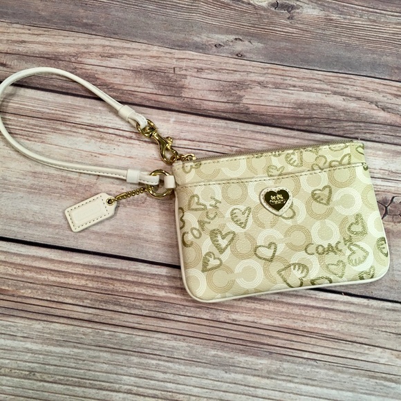 Coach Wristlet in Cream, White and Gold with Hearts - Picture 1 of 8